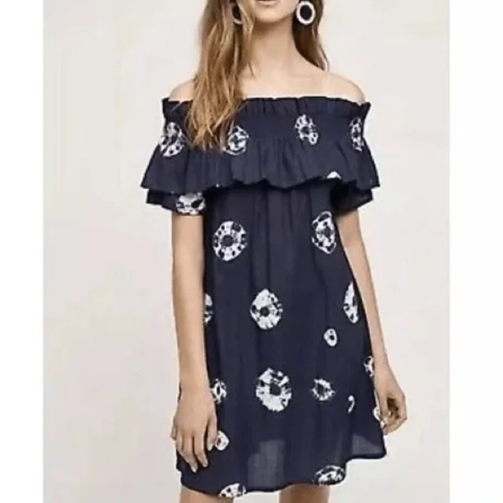 Anthropologie Off The Shoulder Tie Dye Dress Navy Medium